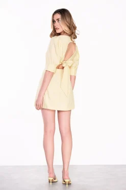 Glamorous Mini Dresses|Mini Dresses|Pale-Yellow 3/4-Sleeve-Square-Neck Mini-dress -