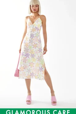 Glamorous Best Dressed Guest|Chic Escapes|Pastel 60s Floral Side-Split Cami Style Midi-dress -