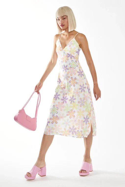 Glamorous Best Dressed Guest|Chic Escapes|Pastel 60s Floral Side-Split Cami Style Midi-dress -