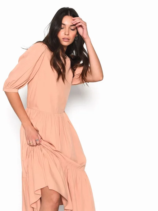 Glamorous Day Dresses|Midi & Midaxi Dresses|Peach Long Sleeve Puff Midi Dress -