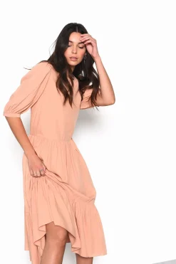 Glamorous Day Dresses|Midi & Midaxi Dresses|Peach Long Sleeve Puff Midi Dress -