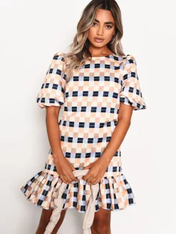 Glamorous Mini Dresses|Mini Dresses|Peach Multi Check Ruffle Hem Mini Dress -