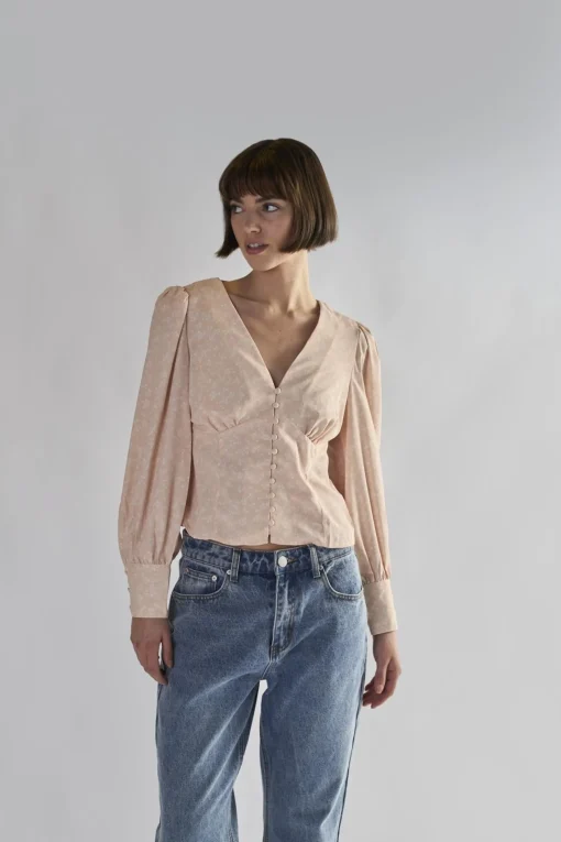 Glamorous Blouses & Shirts|Peach-Ditsy V-Neck-Button-Up Tops -