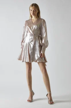Glamorous Day Dresses|Party Dresses|Peach-Metallic Wrap Mini-Dress -