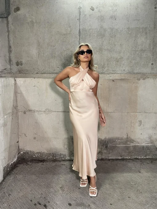 Glamorous Graduation|Satin Dresses|Peach-Nude Satin Gathered Cross Front Halterneck Midaxi-Dress -