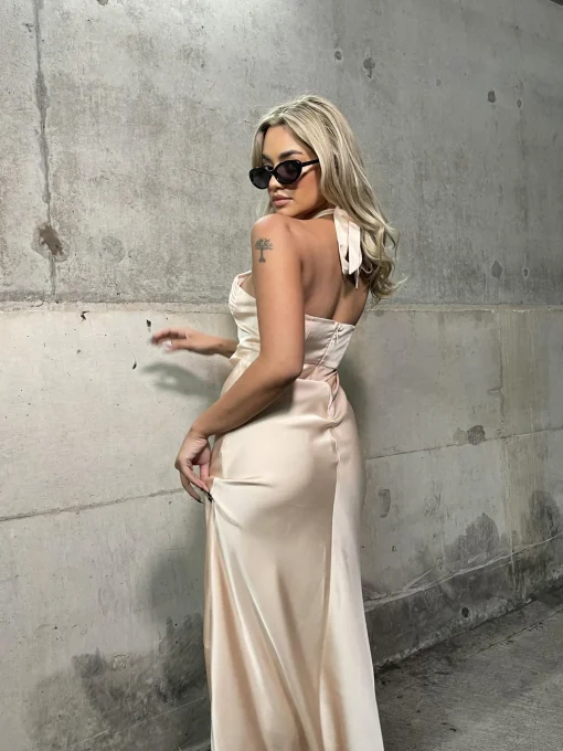 Glamorous Graduation|Satin Dresses|Peach-Nude Satin Gathered Cross Front Halterneck Midaxi-Dress -