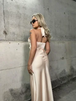 Glamorous Graduation|Satin Dresses|Peach-Nude Satin Gathered Cross Front Halterneck Midaxi-Dress -