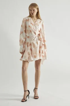Glamorous Day Dresses|Party Dresses|Peach-Watercolour Wrap Mini-dress -