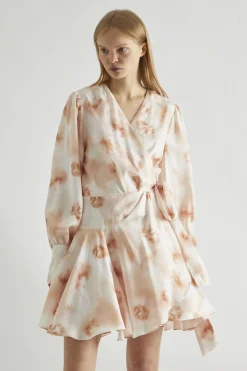Glamorous Day Dresses|Party Dresses|Peach-Watercolour Wrap Mini-dress -