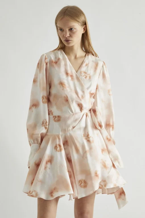 Glamorous Day Dresses|Party Dresses|Peach-Watercolour Wrap Mini-dress -