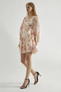 Glamorous Day Dresses|Party Dresses|Peach-Watercolour Wrap Mini-dress -
