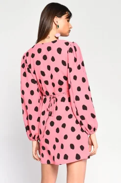 Glamorous Mini Dresses|Mini Dresses|Pink Black Messy Spot V-Neck Mini-Dress -