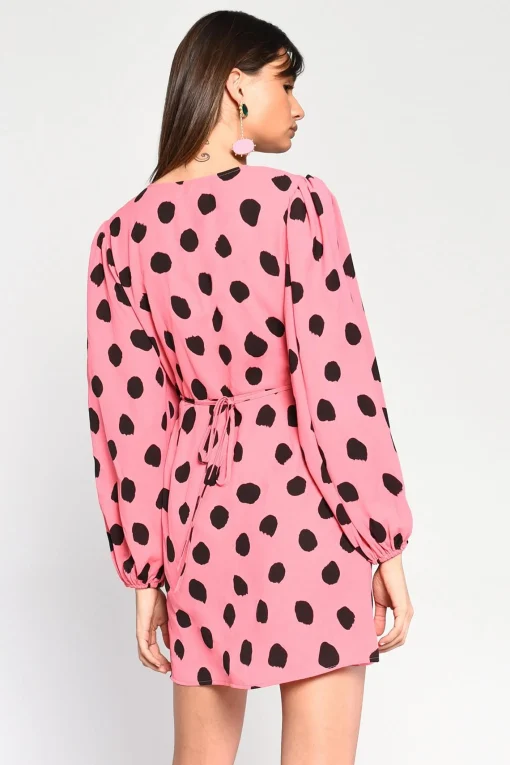 Glamorous Mini Dresses|Mini Dresses|Pink Black Messy Spot V-Neck Mini-Dress -