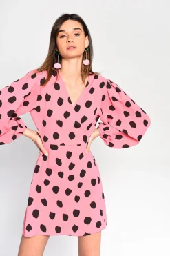 Glamorous Mini Dresses|Mini Dresses|Pink Black Messy Spot V-Neck Mini-Dress -