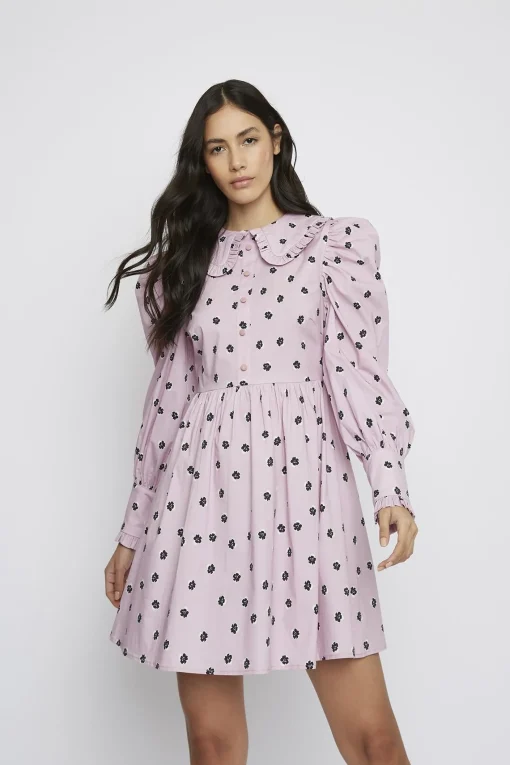 Glamorous Mini Dresses|Mini Dresses|Pink Ditsy Cotton Button-Up Collared Mini-Dress -