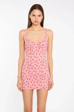 Glamorous Mini Dresses|Mini Dresses|Pink Ditsy-Lace Corset Style Mini-Dress -