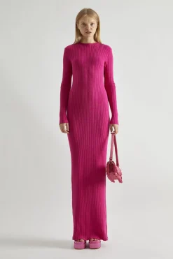 Glamorous Day Dresses|Knitted Dresses|Pink High-Neck Rib-Knit Midaxi-dress -