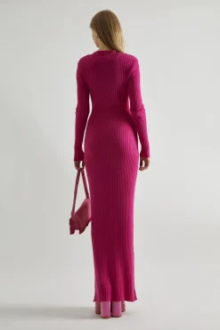 Glamorous Day Dresses|Knitted Dresses|Pink High-Neck Rib-Knit Midaxi-dress -