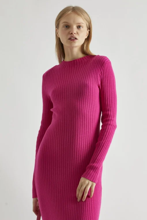 Glamorous Day Dresses|Knitted Dresses|Pink High-Neck Rib-Knit Midaxi-dress -