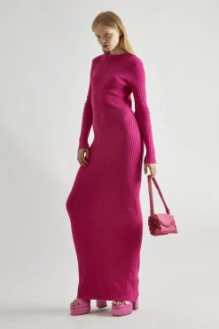 Glamorous Day Dresses|Knitted Dresses|Pink High-Neck Rib-Knit Midaxi-dress -