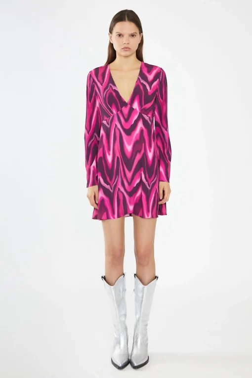 Glamorous Day Dresses|Mini Dresses|Pink Multi-Blurred Wave Flared Sleeve Mini-Dress -