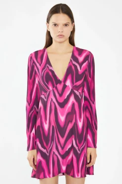 Glamorous Day Dresses|Mini Dresses|Pink Multi-Blurred Wave Flared Sleeve Mini-Dress -