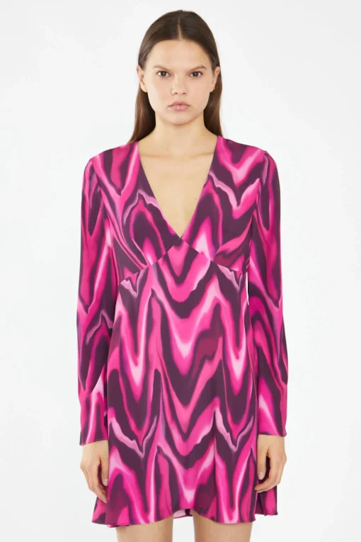 Glamorous Day Dresses|Mini Dresses|Pink Multi-Blurred Wave Flared Sleeve Mini-Dress -