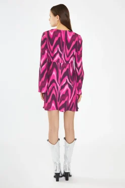 Glamorous Day Dresses|Mini Dresses|Pink Multi-Blurred Wave Flared Sleeve Mini-Dress -
