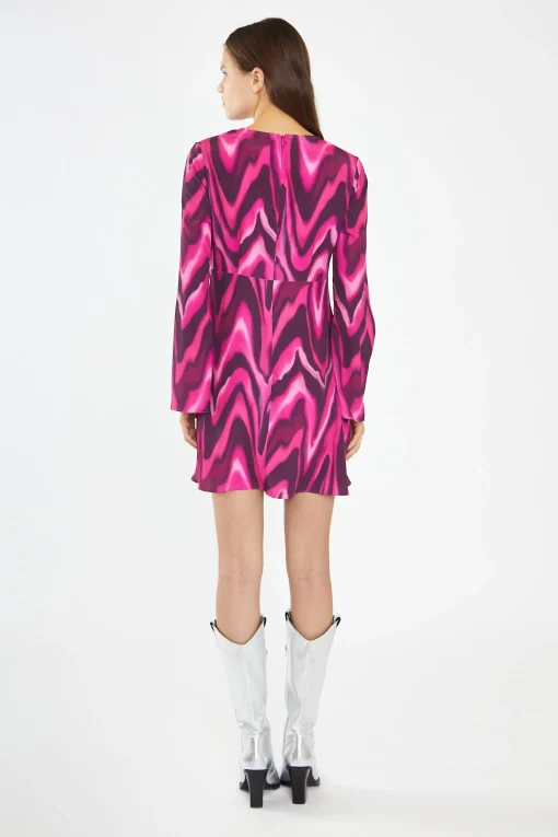 Glamorous Day Dresses|Mini Dresses|Pink Multi-Blurred Wave Flared Sleeve Mini-Dress -
