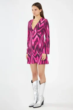 Glamorous Day Dresses|Mini Dresses|Pink Multi-Blurred Wave Flared Sleeve Mini-Dress -