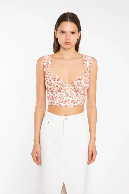 Glamorous Crops, Corsets & Bodysuits|Pink Multi-Floral Lace Ruched Corset Crop-Top -