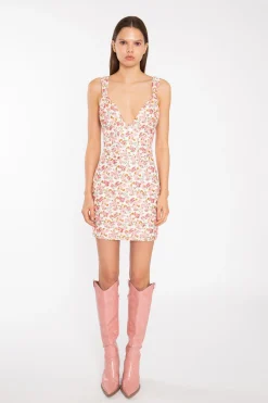 Glamorous Day Dresses|Mini Dresses|Pink Multi-Floral Lace Ruched-Bus Corset Mini-Dress -