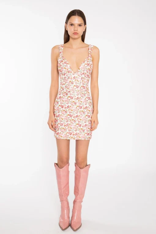 Glamorous Day Dresses|Mini Dresses|Pink Multi-Floral Lace Ruched-Bus Corset Mini-Dress -