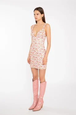 Glamorous Day Dresses|Mini Dresses|Pink Multi-Floral Lace Ruched-Bus Corset Mini-Dress -