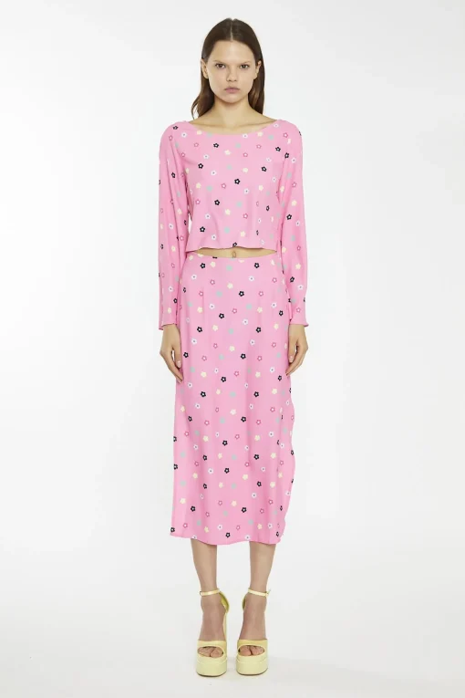 Glamorous Midi & Midaxi Skirts|Pink Multi-Flower Bias-Cut Midi-Skirt -