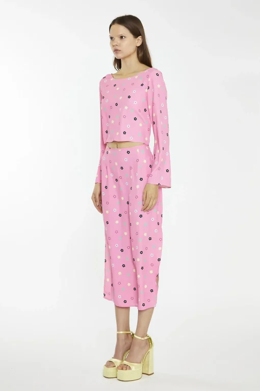 Glamorous Midi & Midaxi Skirts|Pink Multi-Flower Bias-Cut Midi-Skirt -