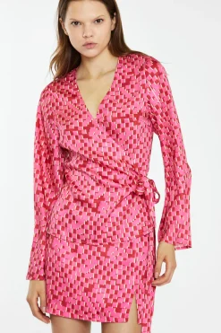 Glamorous Best Dressed Guest|Going Out Tops|Pink Multi-Square Fluted Sleeve Wrap Top -