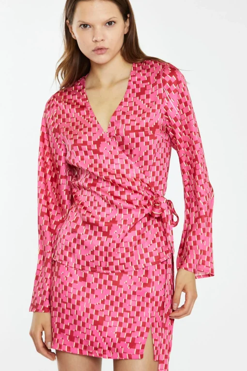 Glamorous Best Dressed Guest|Going Out Tops|Pink Multi-Square Fluted Sleeve Wrap Top -
