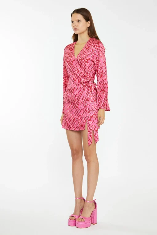 Glamorous Best Dressed Guest|Going Out Tops|Pink Multi-Square Fluted Sleeve Wrap Top -