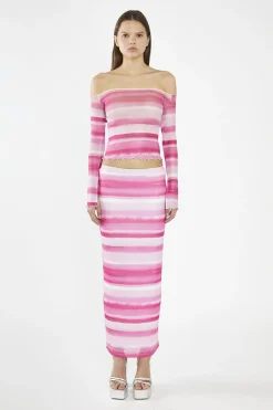 Glamorous Maxi Skirts|Pink Ombre-Stripe Mesh Bodycon Maxi-Skirt -
