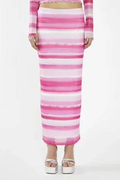 Glamorous Maxi Skirts|Pink Ombre-Stripe Mesh Bodycon Maxi-Skirt -
