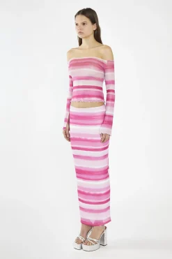 Glamorous Maxi Skirts|Pink Ombre-Stripe Mesh Bodycon Maxi-Skirt -