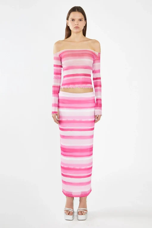 Glamorous Co-ords|Tops & T-shirts|Pink Ombre-Stripe Mesh Off the Shoulder -Top -