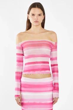 Glamorous Co-ords|Tops & T-shirts|Pink Ombre-Stripe Mesh Off the Shoulder -Top -