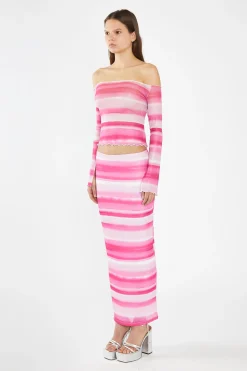 Glamorous Co-ords|Tops & T-shirts|Pink Ombre-Stripe Mesh Off the Shoulder -Top -
