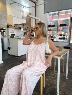 Glamorous Best Dressed Guest|Glamorous Curve|Pink Painted-Daisy Loose-Fit Lace-Up Jumpsuit -
