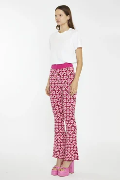 Glamorous Flares|Pink Red Flower Check Flare High-Waist-Trousers -