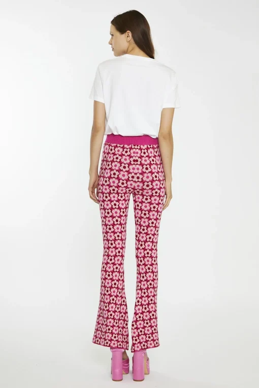 Glamorous Flares|Pink Red Flower Check Flare High-Waist-Trousers -