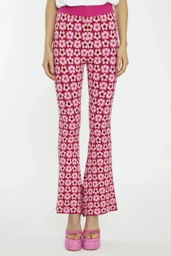 Glamorous Flares|Pink Red Flower Check Flare High-Waist-Trousers -