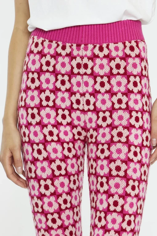 Glamorous Flares|Pink Red Flower Check Flare High-Waist-Trousers -